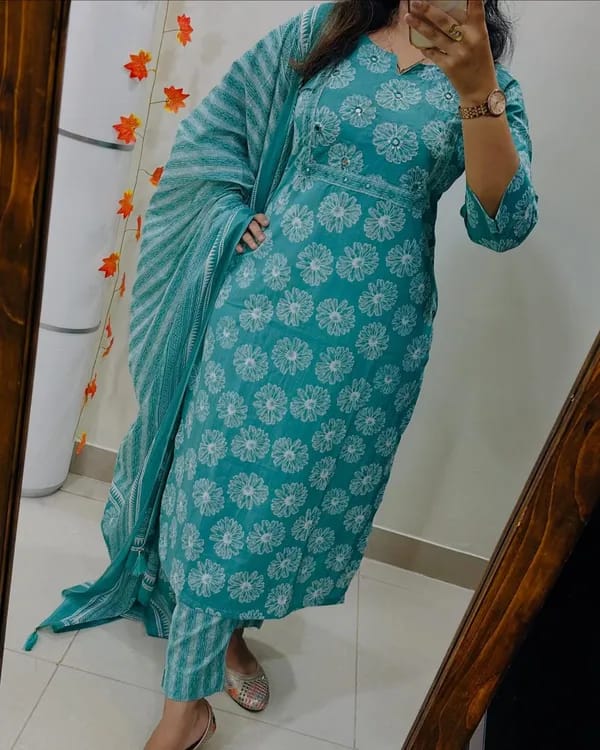 Turquoise Cotton Suit Set With Floral Prints