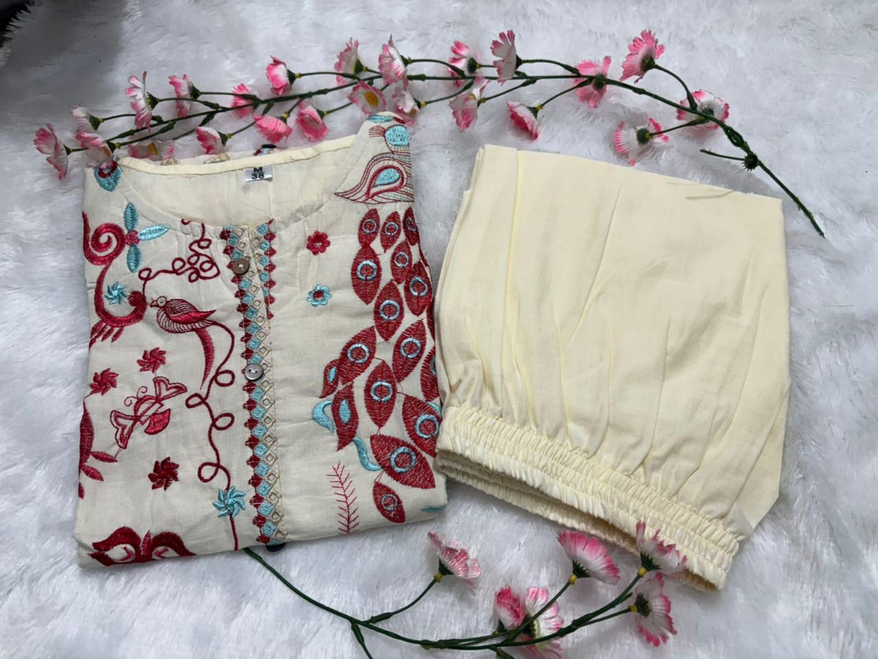 Kurta Unique Floral Embroidered Cotton White Co-Ord Set For Women