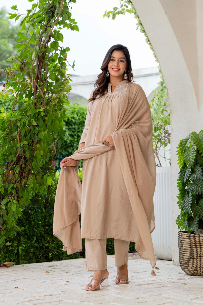 W For Women Nude Silk Blend Solid Embroidered Flared Suit Set