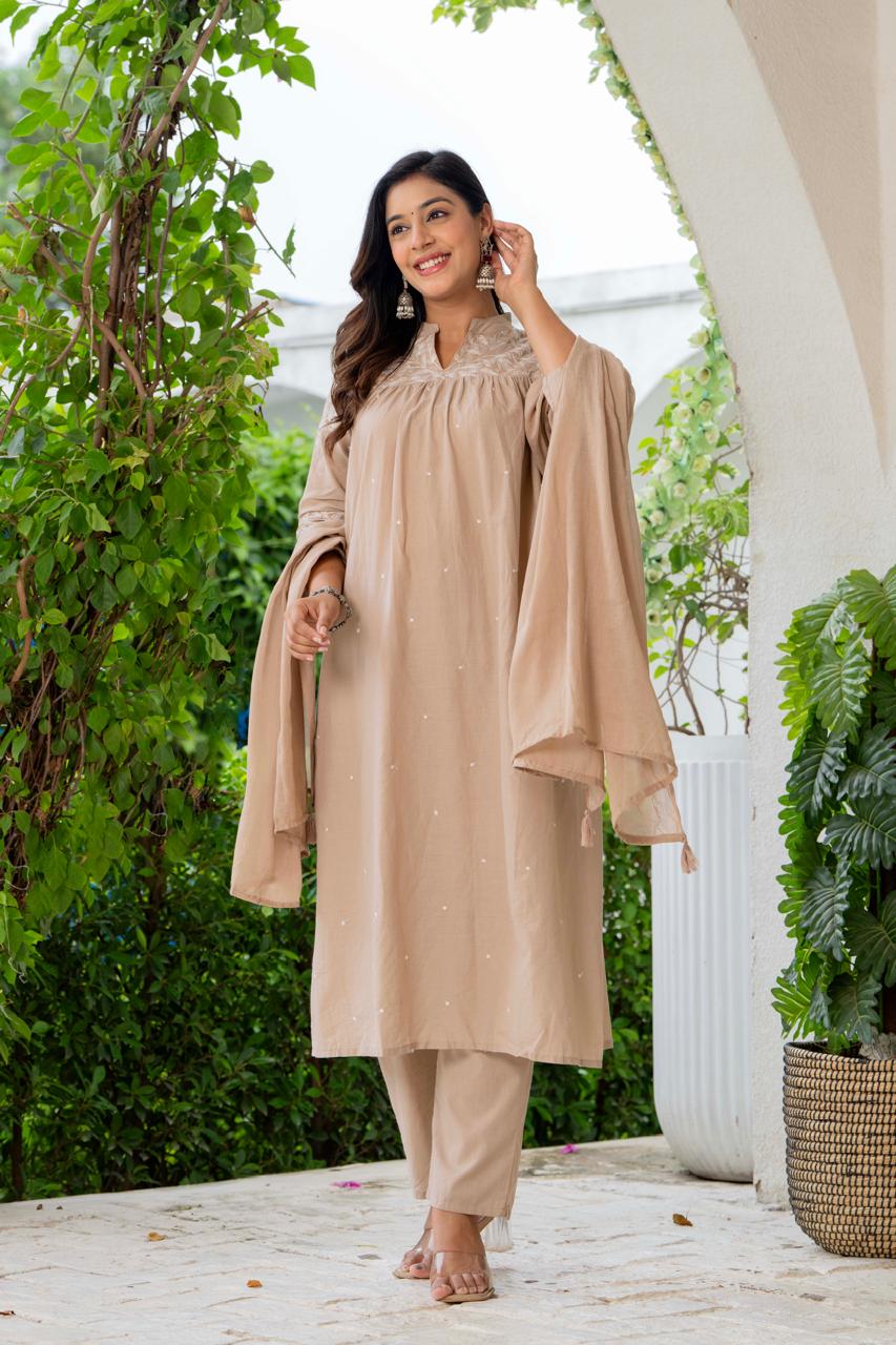 W For Women Nude Silk Blend Solid Embroidered Flared Suit Set