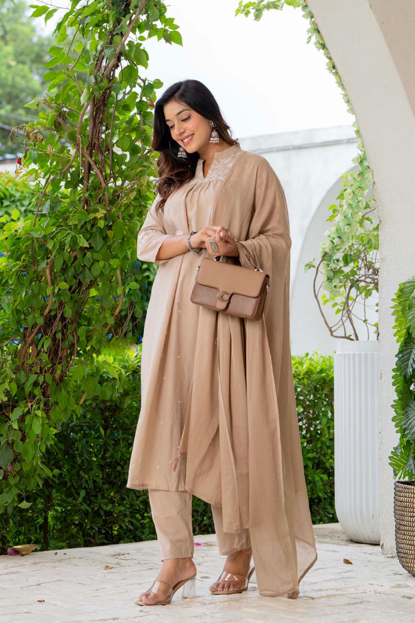 W For Women Nude Silk Blend Solid Embroidered Flared Suit Set