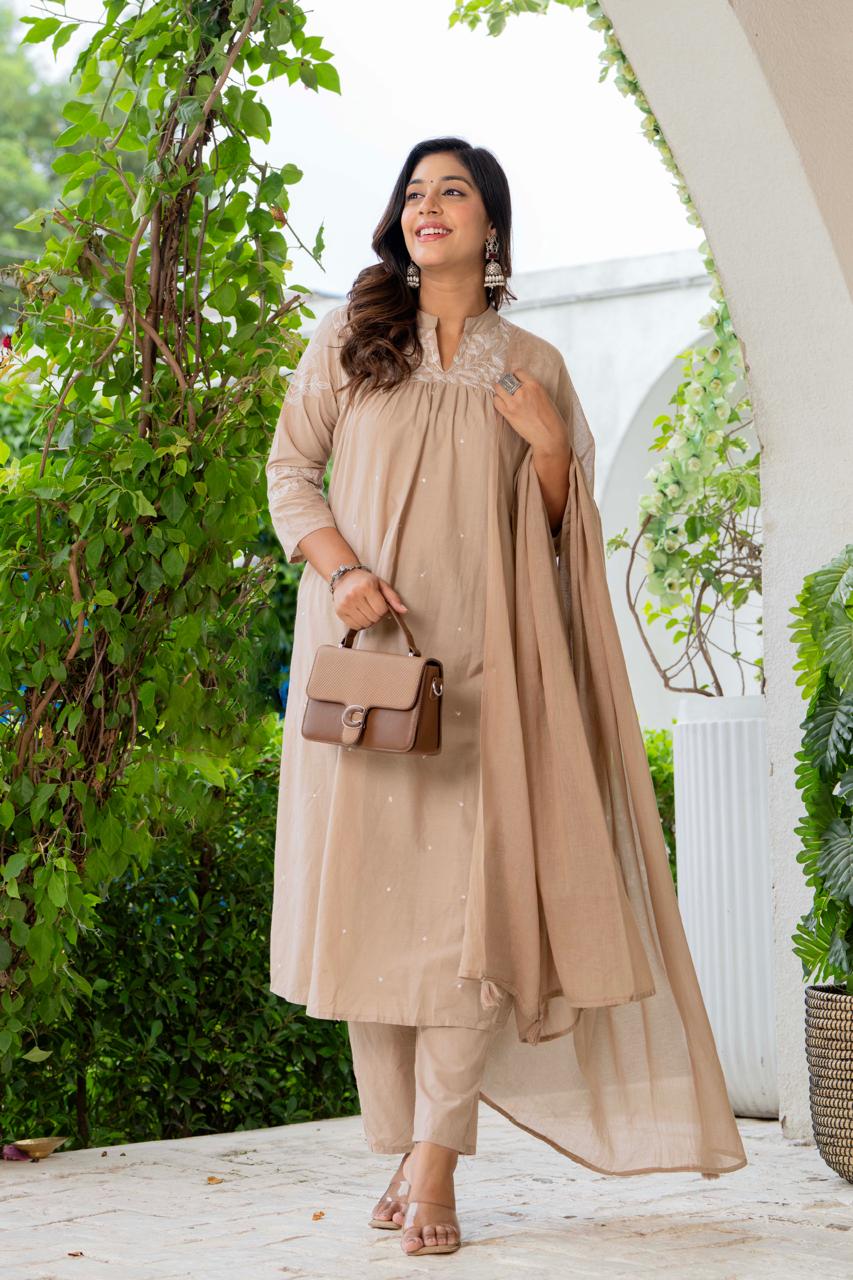W For Women Nude Silk Blend Solid Embroidered Flared Suit Set