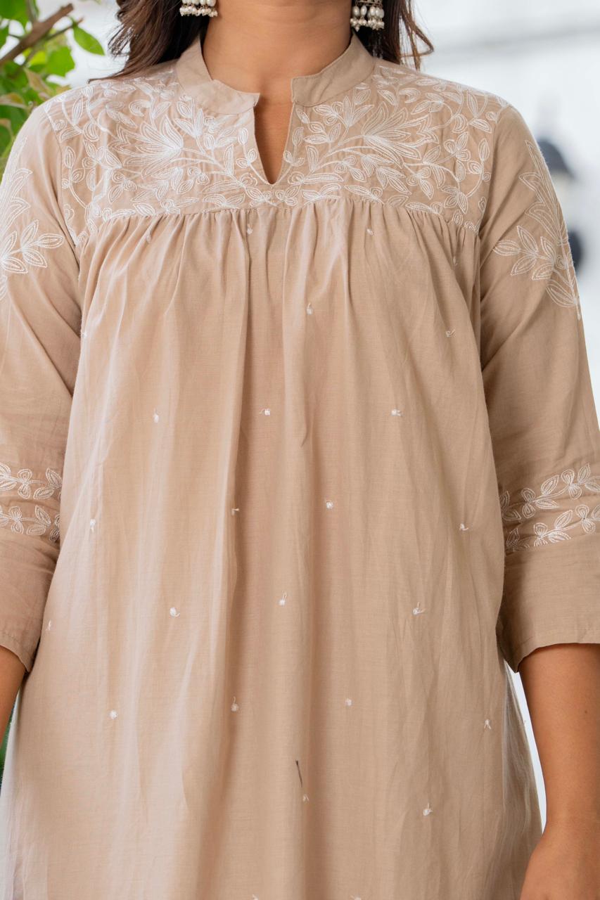W For Women Nude Silk Blend Solid Embroidered Flared Suit Set