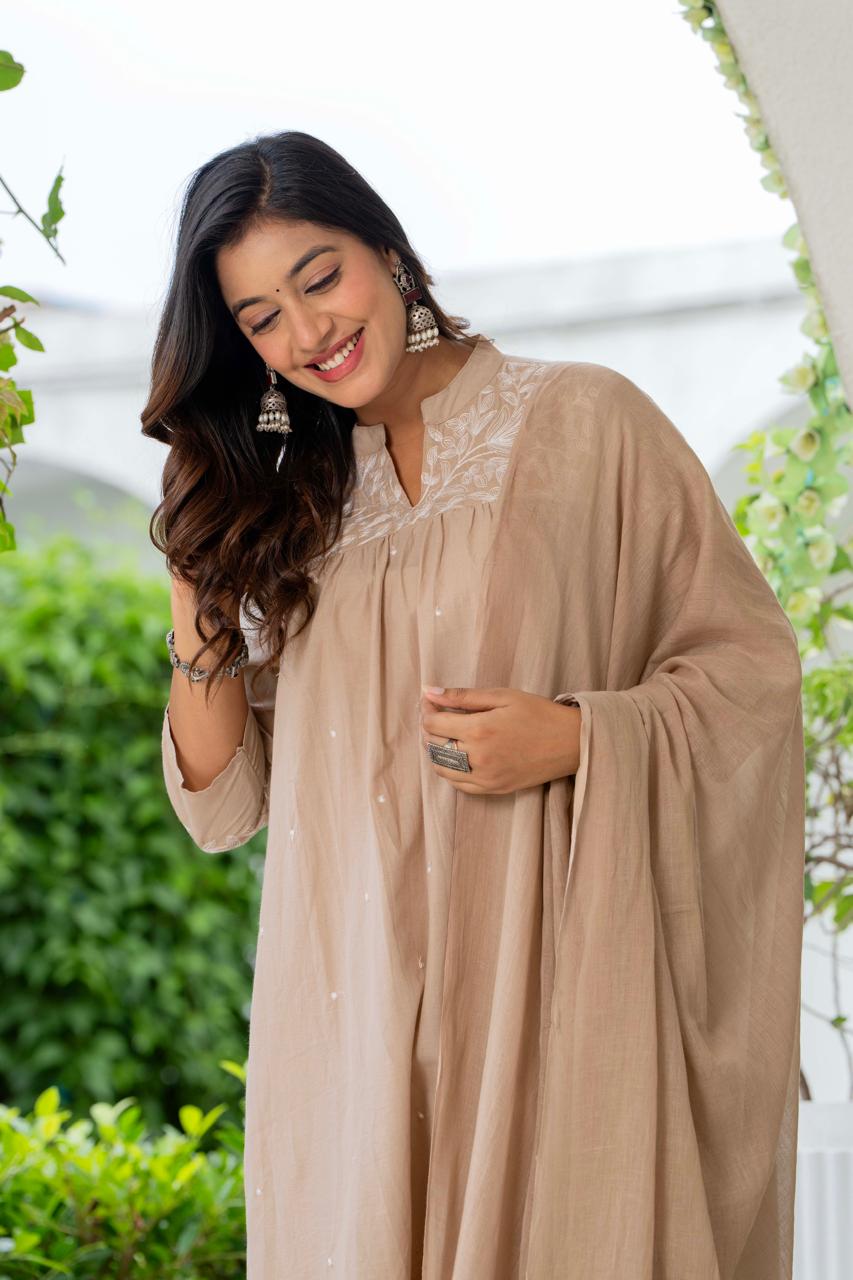 W For Women Nude Silk Blend Solid Embroidered Flared Suit Set