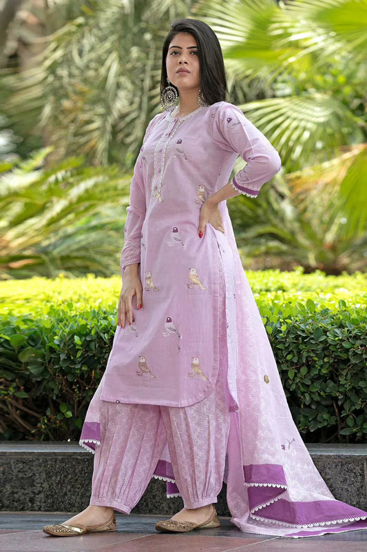Bird Printed Cotton Kurta And Pant Set With Dupatta