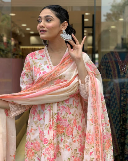 Classy Summer Collection Pure Cotton Mughal Butta Print Anarkali Kurti Paired With Cotton Pants