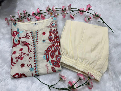 Kurta Unique Floral Embroidered Cotton White Co-Ord Set For Women