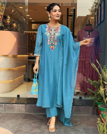 Kurta Teal Blue Embroidered Kurta Set