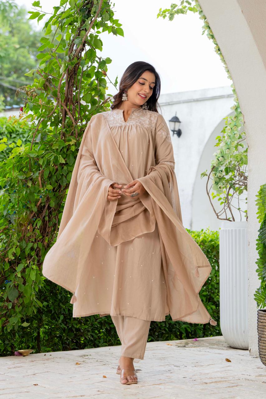 W For Women Nude Silk Blend Solid Embroidered Flared Suit Set