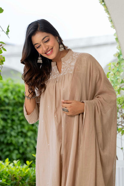 W For Women Nude Silk Blend Solid Embroidered Flared Suit Set