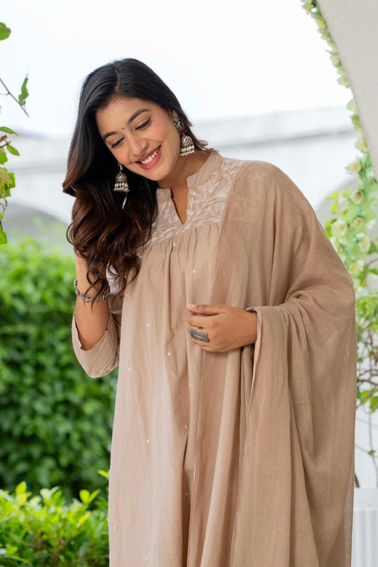 W For Women Nude Silk Blend Solid Embroidered Flared Suit Set