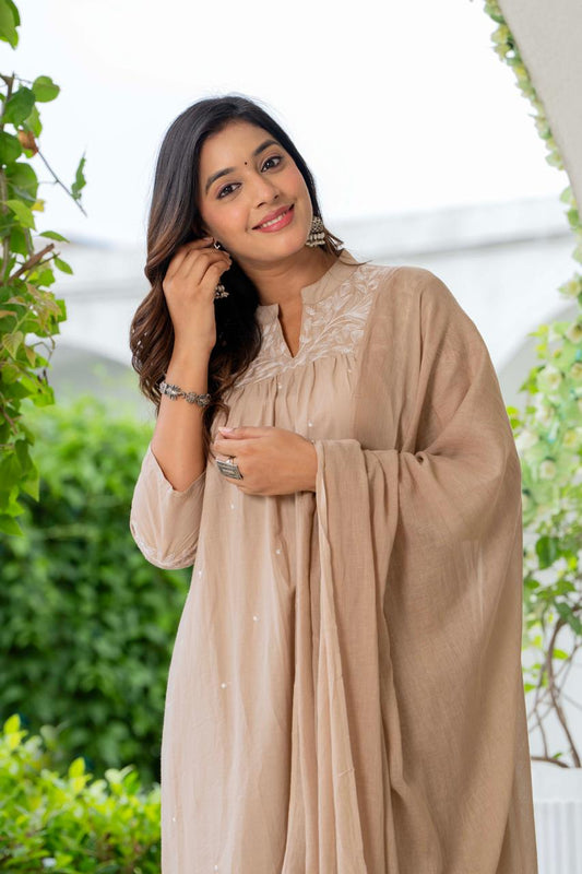 W For Women Nude Silk Blend Solid Embroidered Flared Suit Set